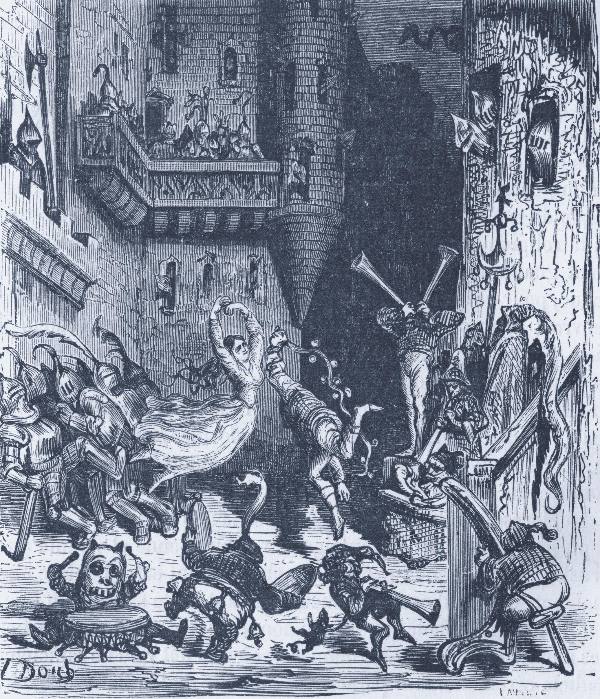 Gustave Doré engraving of jugglers and acrobats — a first joyful performance for the world